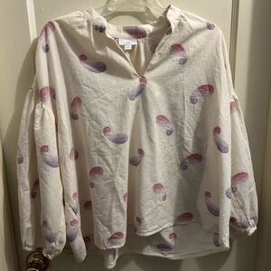J.Jill long‎ sleeve pullover cotton blend cream novelty print top small